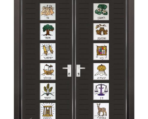 דלת כניסה כפולה לבתי כנסת מסדרת פלדיניום הכוללת 12 חלונות ויטראז׳ של 12 השבטים